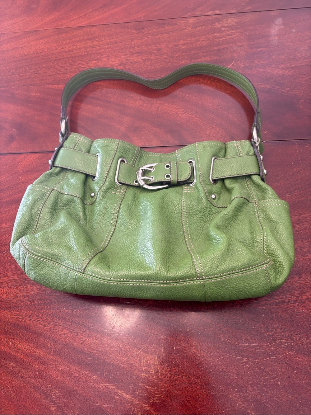 Tignanello Olive Green Leather Shoulder Bag with Buckle